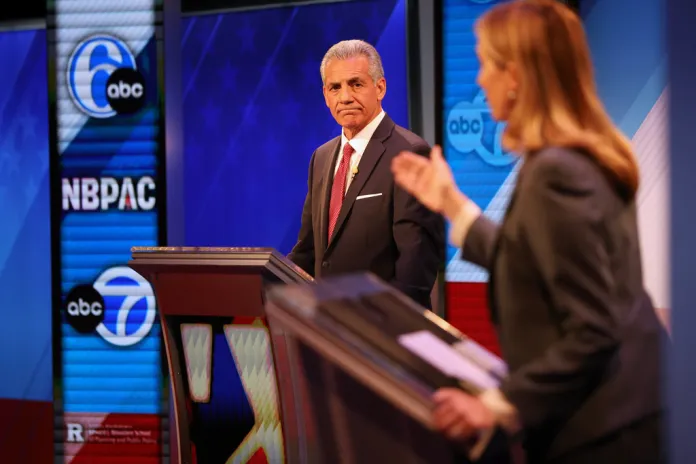 Republican Jack Ciattarelli looks at Democrat Mikie Sherrill while debating ahead of New Jersey's gubernatorial election.