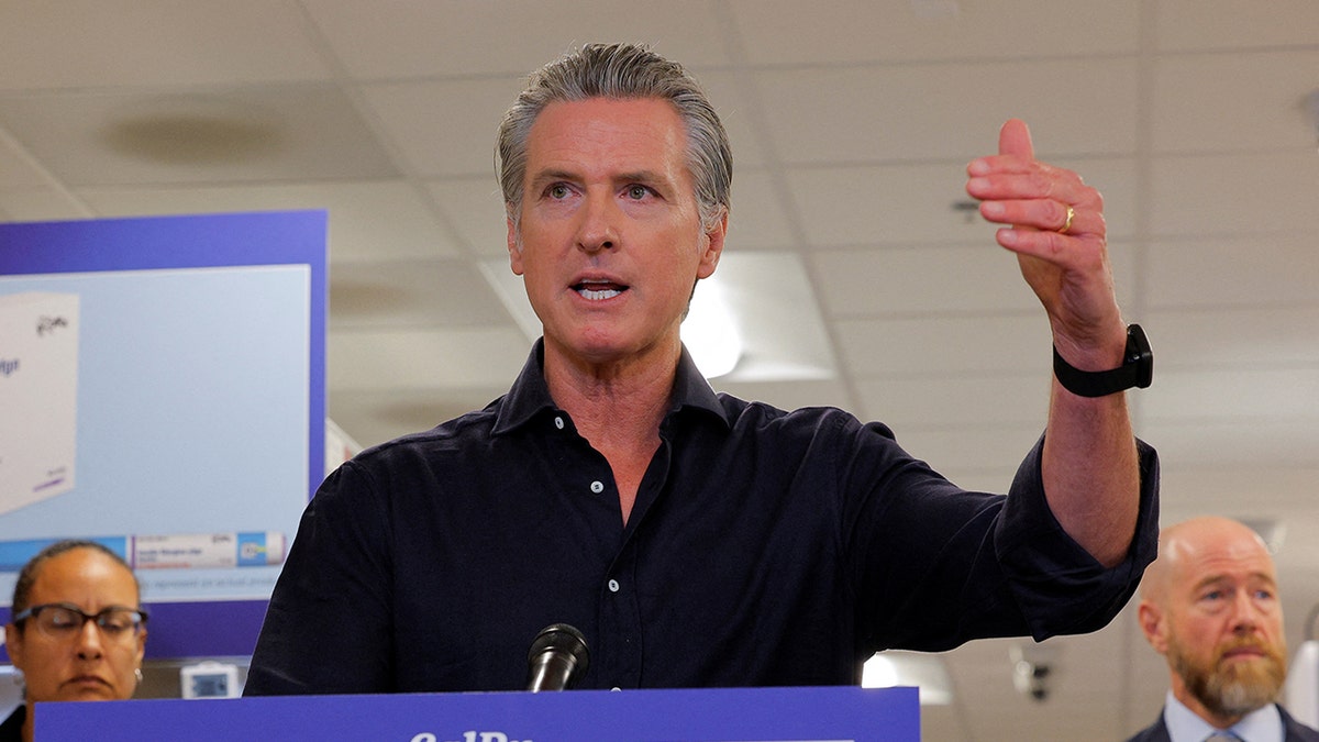 California Governor Newsom announces CalRx initiative at Cedars-Sinai's Mark Goodson Building, in Los Angeles
