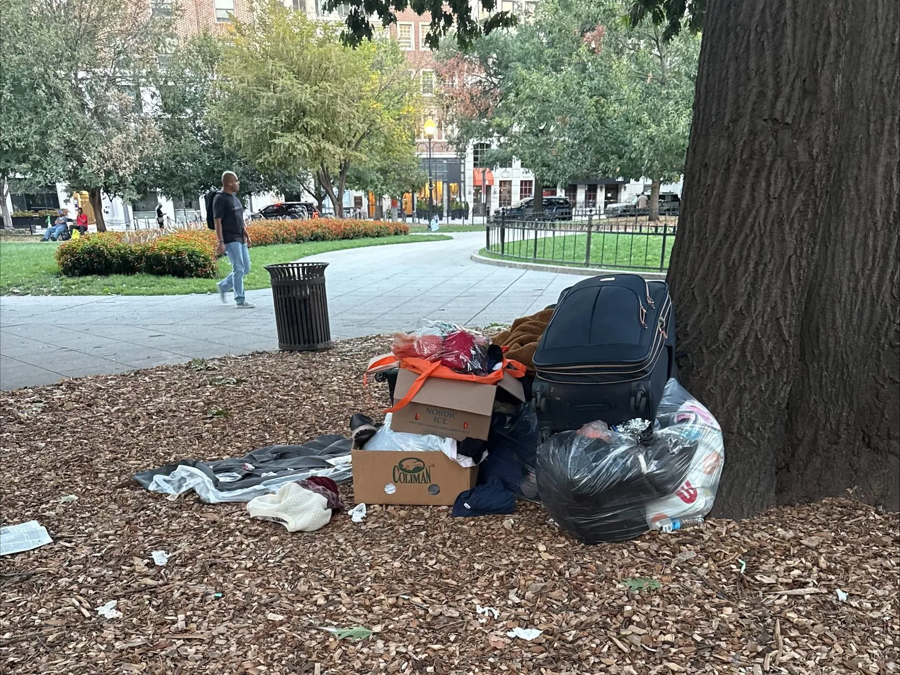 Homeless individual's belongings next to a tree in McPherson Park.