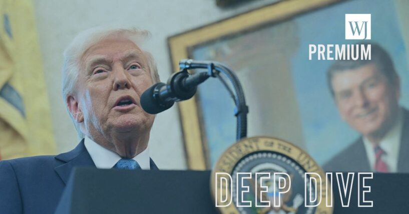 A portrait of Ronald Reagan, the 40th U.S. president, is seen in the background while President Donald Trump speaks to reporters in a file photo from April 22.