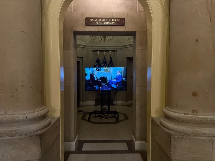 A clip of Minority Whip Katherine Clark (D-MA) talking about the shutdown on loop from the speaker's office. (Lauren Green / Washington Examiner) 