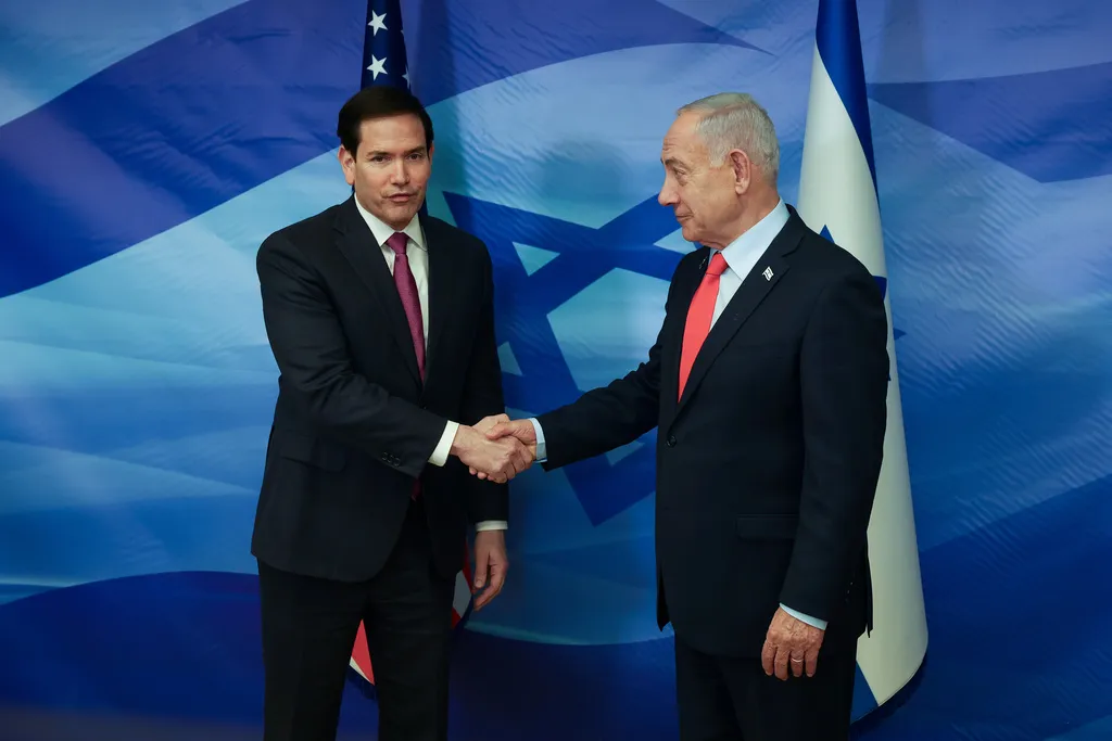 Secretary of State Marco Rubio shakes hands with Israeli Prime Minister Benjamin Netanyahu.