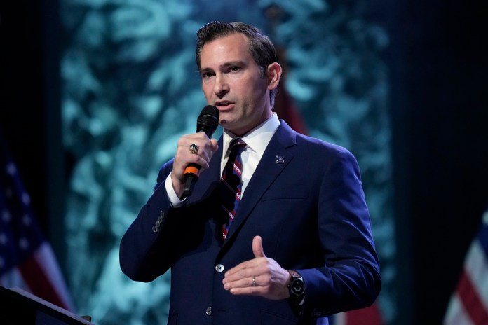 U.S. Seventh Congressional District candidate Matt Van Epps speaks during a political forum Monday, Sept. 8, 2025, in Dickson, Tenn. (AP Photo/George Walker IV)