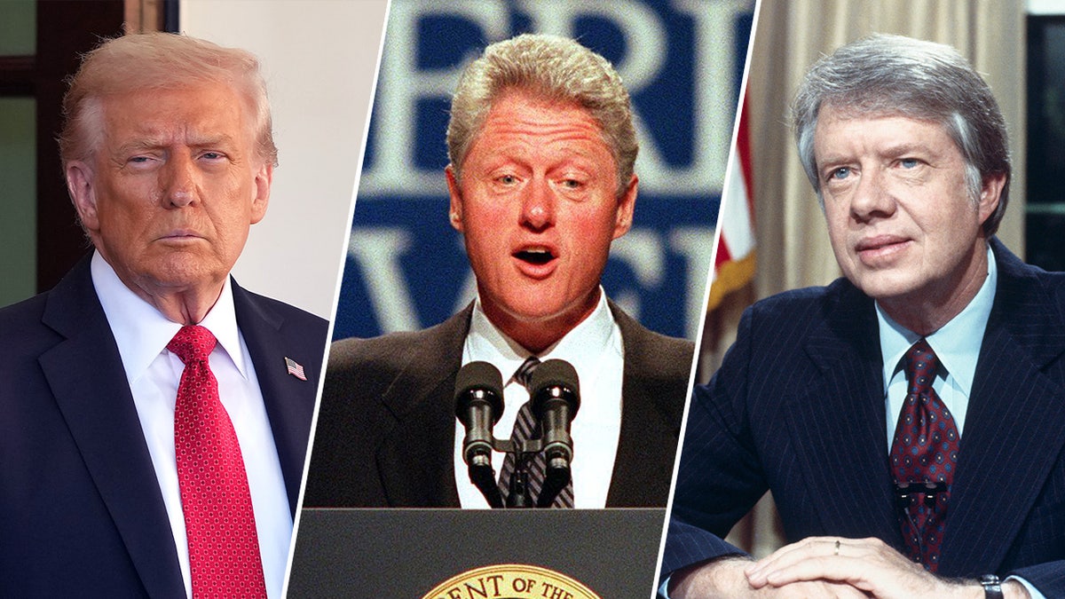 A split image of Presidents Trump, Clinton, and Carter