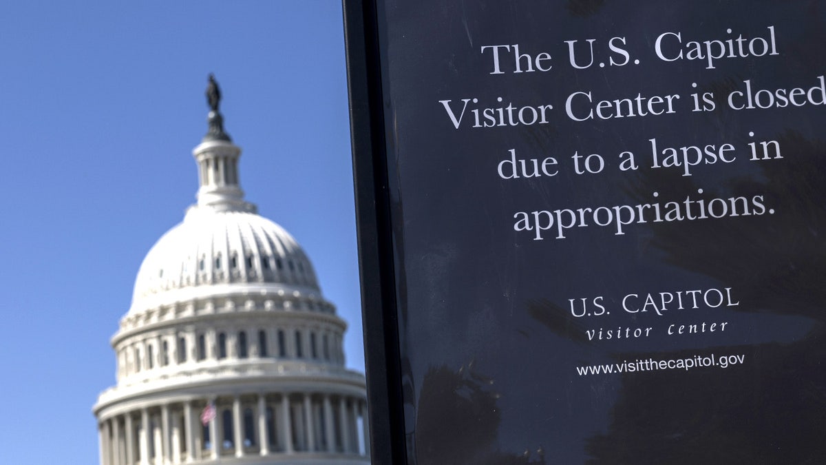 Capitol dome and sign warning the Captiol's visitor center is closed due to the shutdown