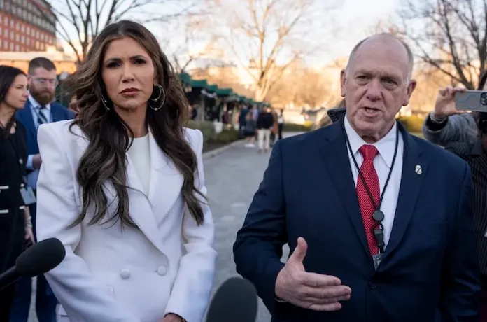 Homeland Security Secretary Kristi Noem, left, and White House border czar Tom Homan speak with reporters at the White House, Wednesday, Jan. 29, 2025, in Washington. (AP Photo/Alex Brandon)