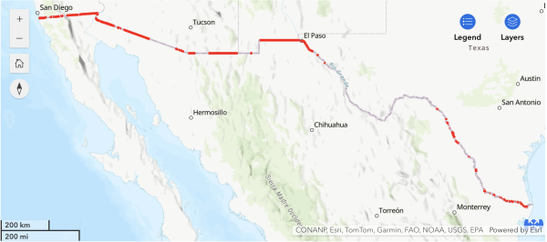 The red lines on the map show where there is border wall as of the start of President Donald Trump's second term. (Screenshot: U.S. Customs and Border Protection)