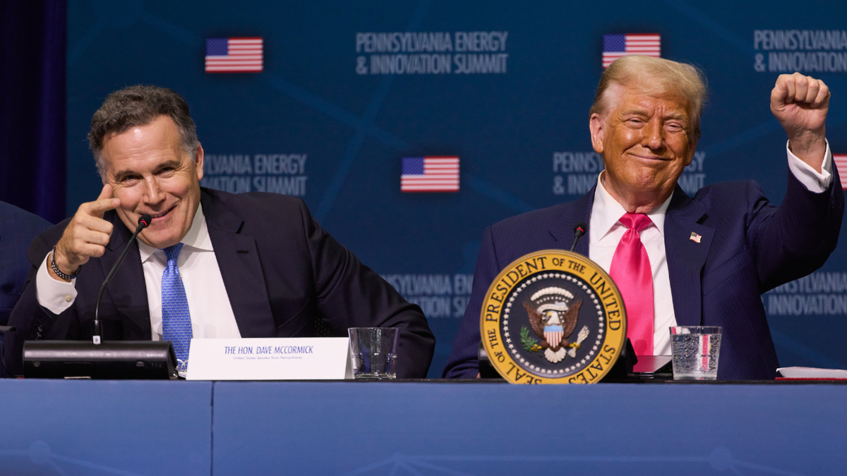 Senator Dave McCormick and U.S. President Donald Trump attend the inaugural Pennsylvania Energy and Innovation Summit at Carnegie Mellon University in Pittsburgh