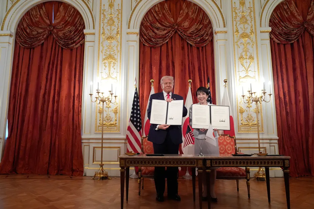 President Donald Trump, left, and Japan's Prime Minister Sanae Takaichi attend a signing ceremony at Akasaka Palace in Tokyo, Japan, Tuesday, Oct. 28, 2025. (AP Photo/Mark Schiefelbein)