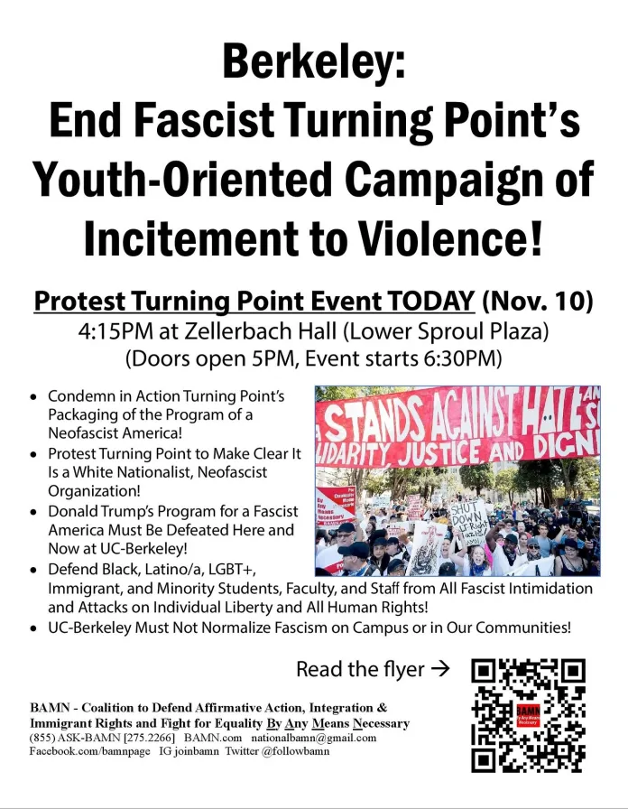 A flyer circulated by BAMN online and across UC Berkeley's campus | Instagram @joinbamn