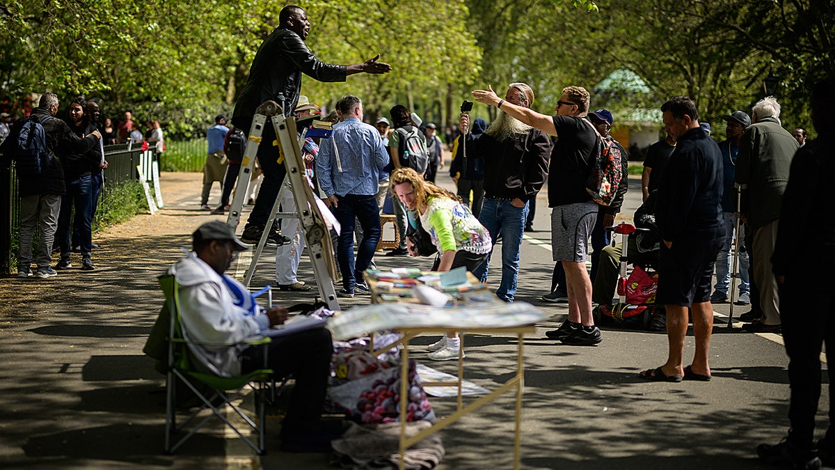 People gathered at Speakers Corner in London.
