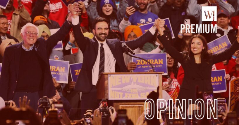 Far-left socialists Sen. Bernie Sanders of Vermont, New York City mayor-elect Zohran Mamdani, center, and Rep. Alexandria Ocasio-Cortez, of New York, appear at an Oct. 26 rally during Mamdani's campaign.
