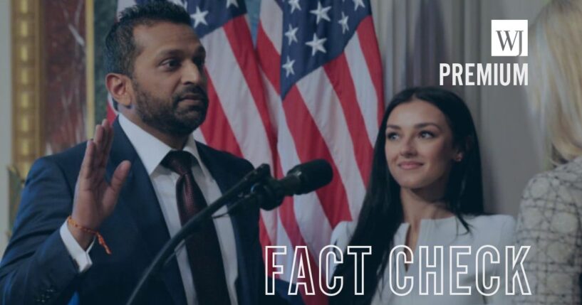 Federal Bureau of Investigation Director Kash Patel is seen at his Feb. 21 swearing-in as his girlfriend Alexis Wilkins holds the Bhagavad Gita in the Eisenhower Executive Office Building in Washington, D.C.