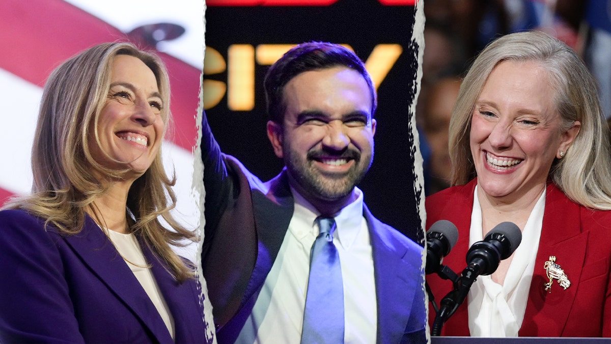 Mikie Sherrill, Zohran Mamdani and Abigail Spanberger shown in a split image