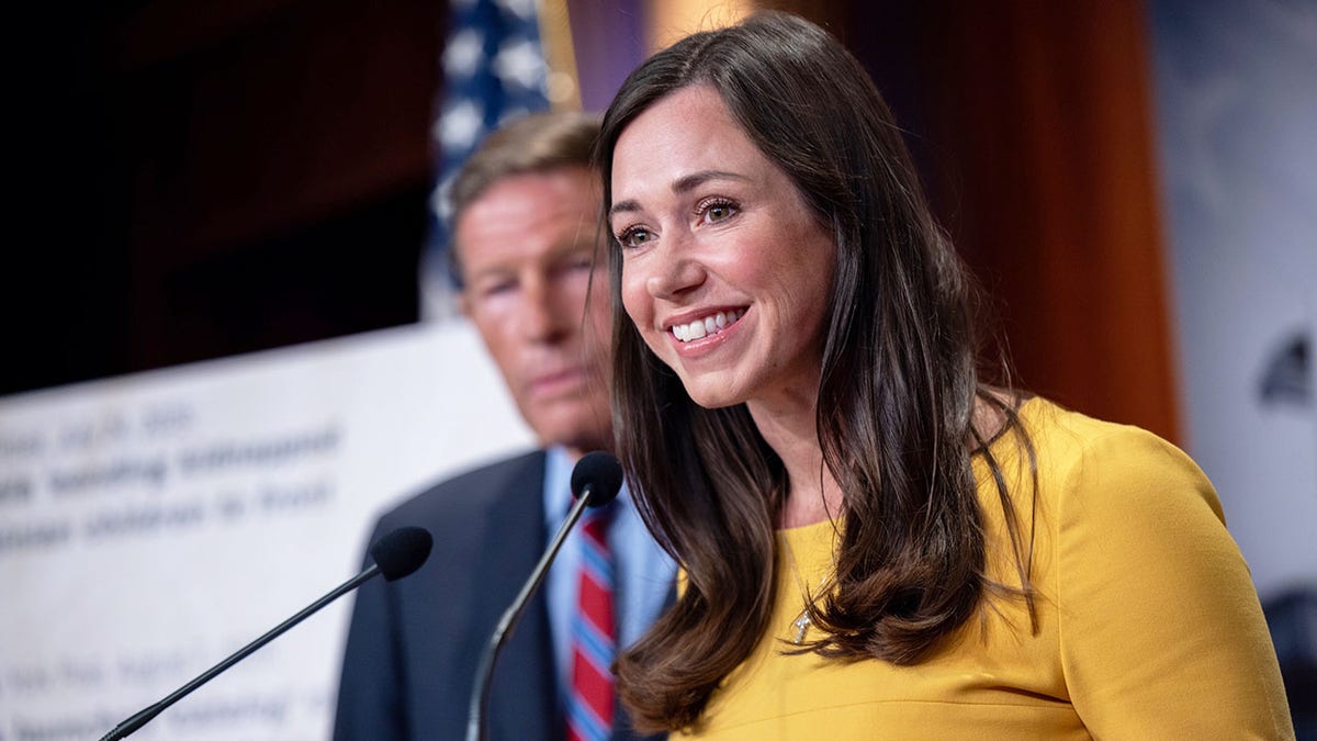 Sen. Katie Britt, R-Al., speaks to reporters at a press conference.