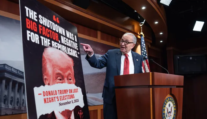 Senate Minority Leader Chuck Schumer, D-N.Y., speaks to reporters about Democratic victories on Election Day, at the Capitol in Washington, Wednesday, Nov. 5, 2025, day 36 of the government shutdown. (AP Photo/J. Scott Applewhite)