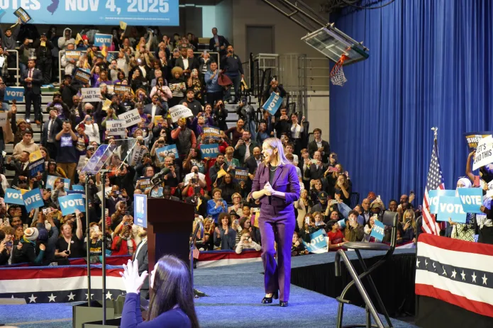 Rep. Mikie Sherrill (D-NJ) is welcomed by supporters at the Essex County College gymnasium on Saturday, Nov. 1, 2025 in Newark, New Jersey, for a rally featuring former President Barack Obama. The rally was for Sherrill, the Democratic candidate in the 2025 gubernatorial election. (Sydney Topf/Washington Examiner)