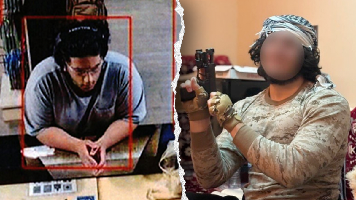 A split image shows a surveillance image on the left of two suspects at a gun range counter, and on the right a selfie one suspect allegedly took and sent to friends after blurring his face.