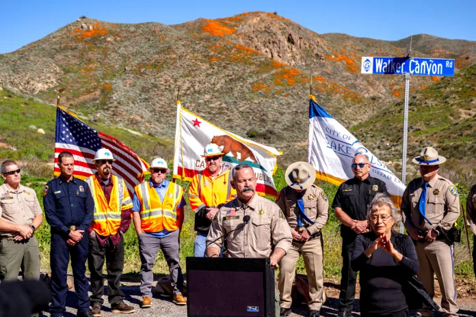 Riverside County Sheriff Chad Bianco speaks at a news conference in Lake Elsinore, Calif., Tuesday, Feb. 7, 2023. (Watchara Phomicinda/The Orange County Register via AP)