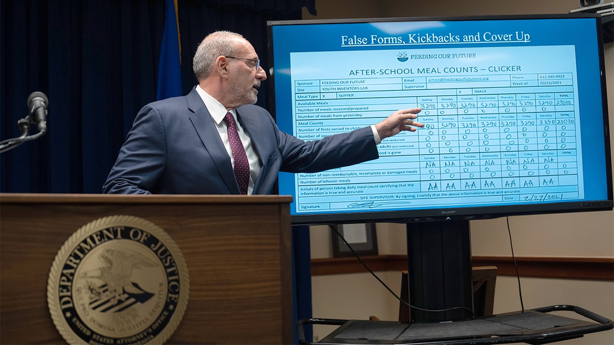 A federal prosecutor announces major fraud charges during a news conference about misuse of pandemic meal funds.