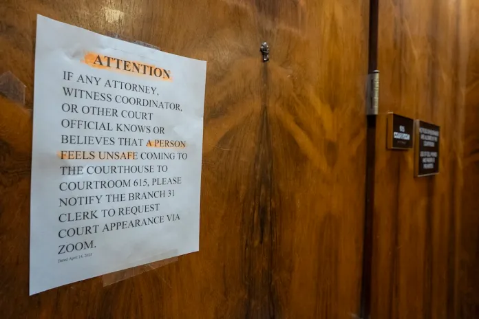 FILE - A sign is posted outside of county Judge Hannah Dugan's courtroom at the Milwaukee County courthouse, April 25, 2025, in Milwaukee. (AP Photo/Andy Manis, File)