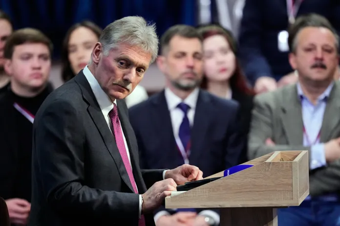 Kremlin spokesman Dmitry Peskov attends Russian President Vladimir Putin's annual news conference and call-in show at the Gostinny Dvor in Moscow.