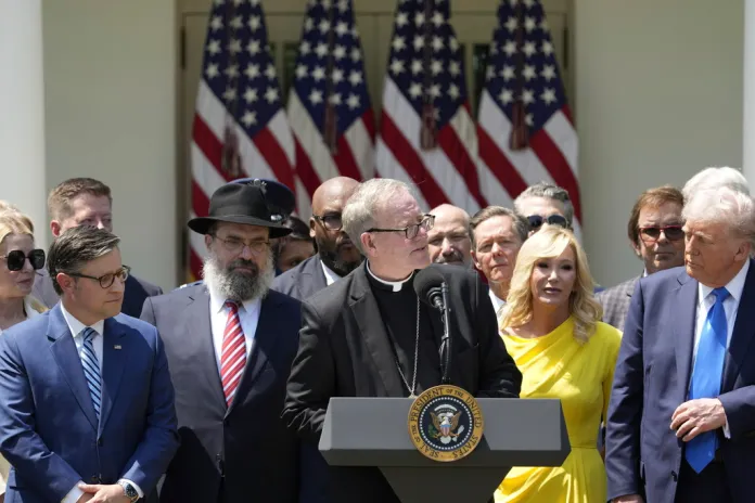 Bishop Robert Barron speaks in the White House Rose Garden