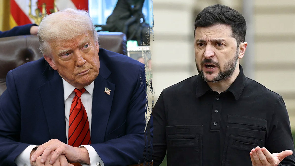 Donald Trump pictured next to Ukrainian President Volodymyr Zelenskyy