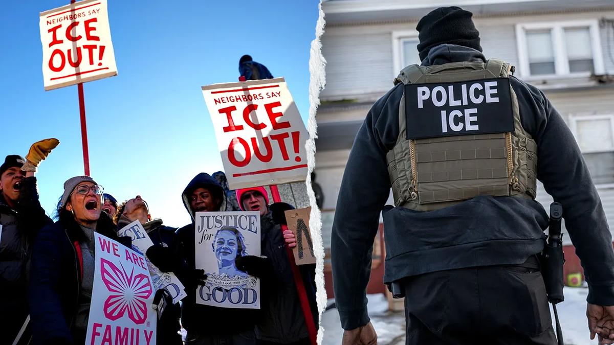 Anti-ICE protesters and ICE agent in Minneapolis
