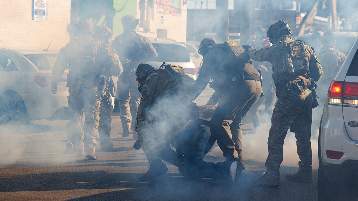 Federal immigration enforcement agents detain a protester