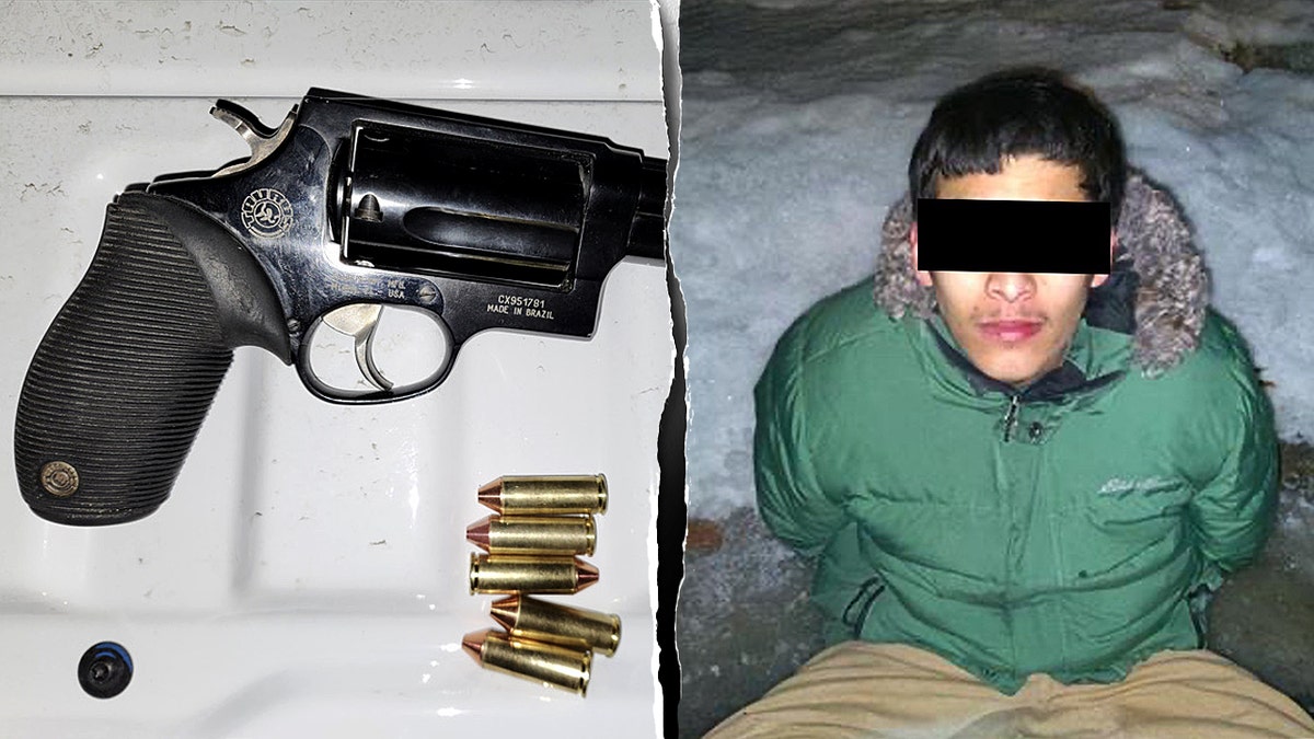 An arrested man next to a pistol with ammunition.