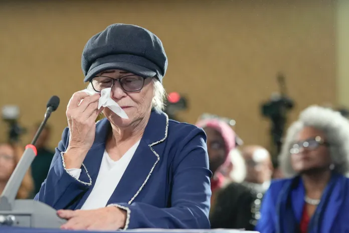 Pamela Hemphill, a protester on January 6, becomes emotional as she testifies during a hearing on the 5th anniversary of the Jan. 6.