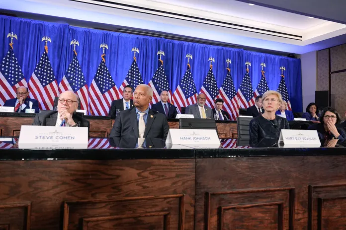 Rep. Pete Aguilar, D-Calif., left, House Minority Leader Hakeem Jeffries, D-N.Y., center, Rep. Bennie Thompson, D-Miss., right and members of the Congress watch a video from the January 6 attack during a hearing on the 5th anniversary of the Jan. 6, 2021.