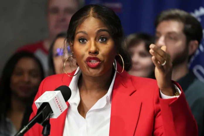 The Chicago Teachers Union (CTU) President Stacy Davis Gates answers a question from media during news conference at CTU headquarters in Chicago, Monday, April 14, 2025. (AP Photo/Nam Y. Huh)
