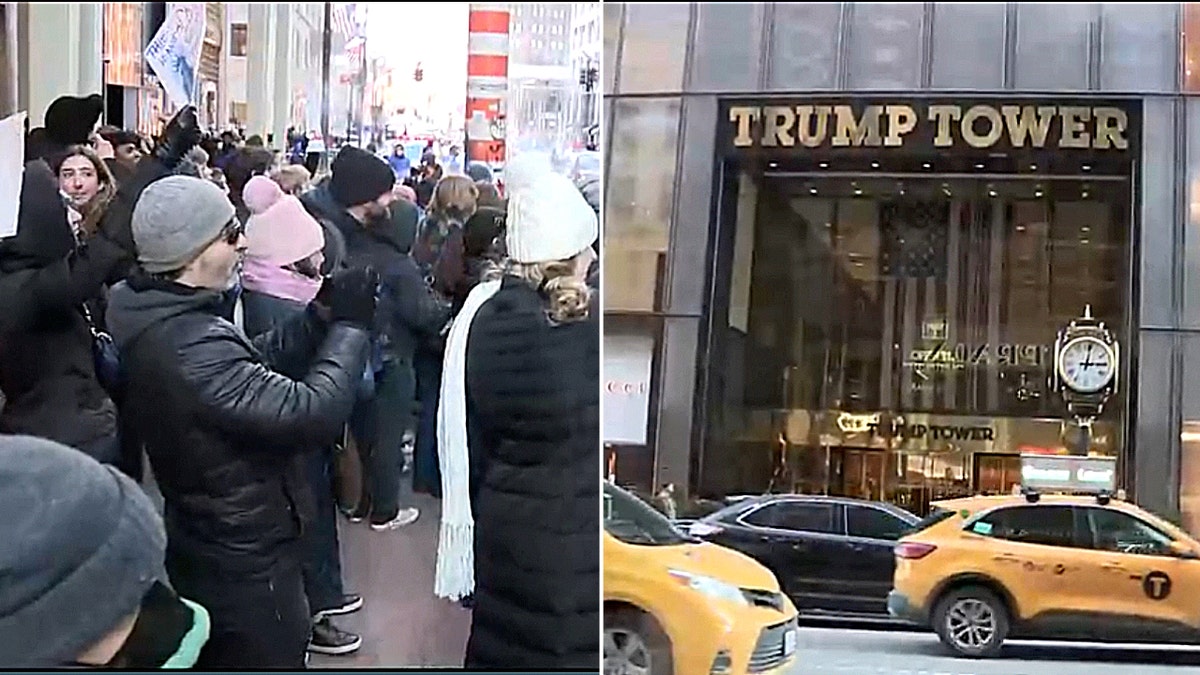 split image of trump tower and protestors 