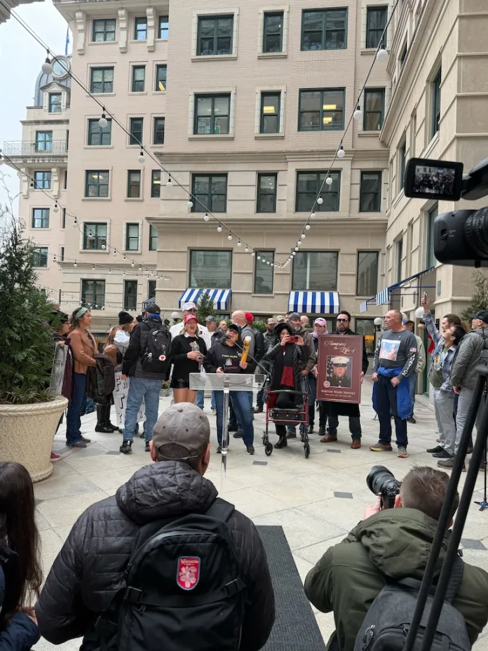 Real America Voice organizes a press conference with January 6 defendants and families outside of the Willard hotel on Jan. 6, 2026. (Sydney Topf/Washington Examiner)