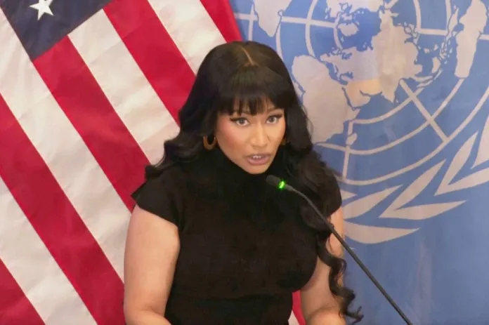 Pop star Nicki Minaj speaks alongside faith leaders at the U.S. Mission in New York.