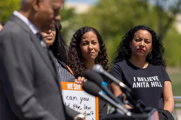 IMAGE DISTRIBUTED FOR CENTER FOR POPULAR DEMOCRACY ACTION - Analilia Mejia from the Center for Popular Democracy Action, members of Congress, and activists call for Justice Thomas' removal during a press conference at the U.S. Capitol on Wednesday, April 19, 2023 in Washington. (Eric Kayne/AP Images for Center for Popular Democracy Action)