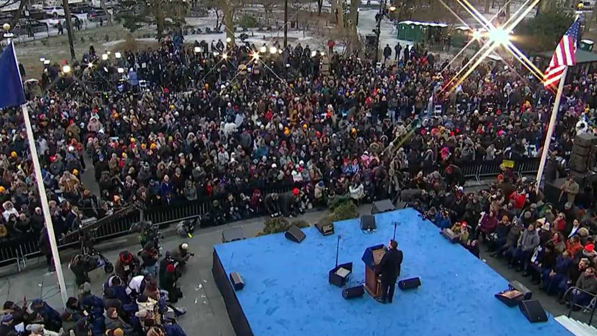 NYC Mayor Zohran Mamdani delivers his inauguration address, Thursday, Jan. 1, 2026, outside City Hall.