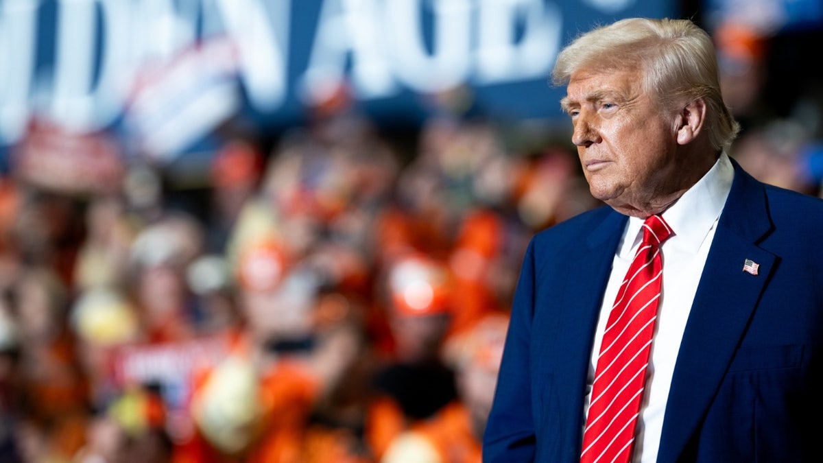 President Donald Trump looks on at a crowd gathered at a rally addressing the nation's economy in Pennsylvania