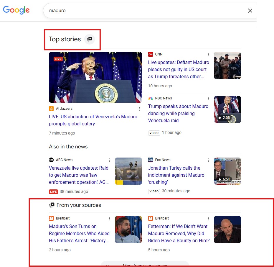 Google Top Stories Box -- with Breitbart News as preferred source