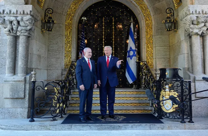 President Donald Trump greets Israeli Prime Minister Benjamin Netanyahu at his Mar-a-Lago club in Palm Beach, Florida on Dec. 29, 2025. (Alex Brandon/AP)
