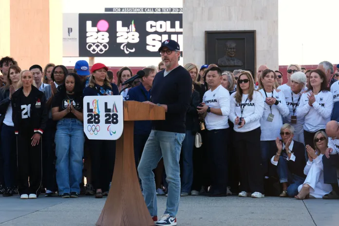 Casey Wasserman, LA28 Chairperson and President, speaks at the Los Angeles Memorial Coliseum ahead of the launch for ticket registration to the 2028 Summer Olympic Games Tuesday, Jan. 13, 2026, in Los Angeles.