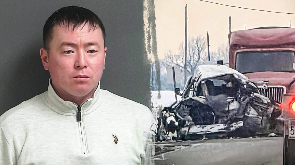 Split photo of Bekzhan Beishekeev and the damage to a vehicle after a crash