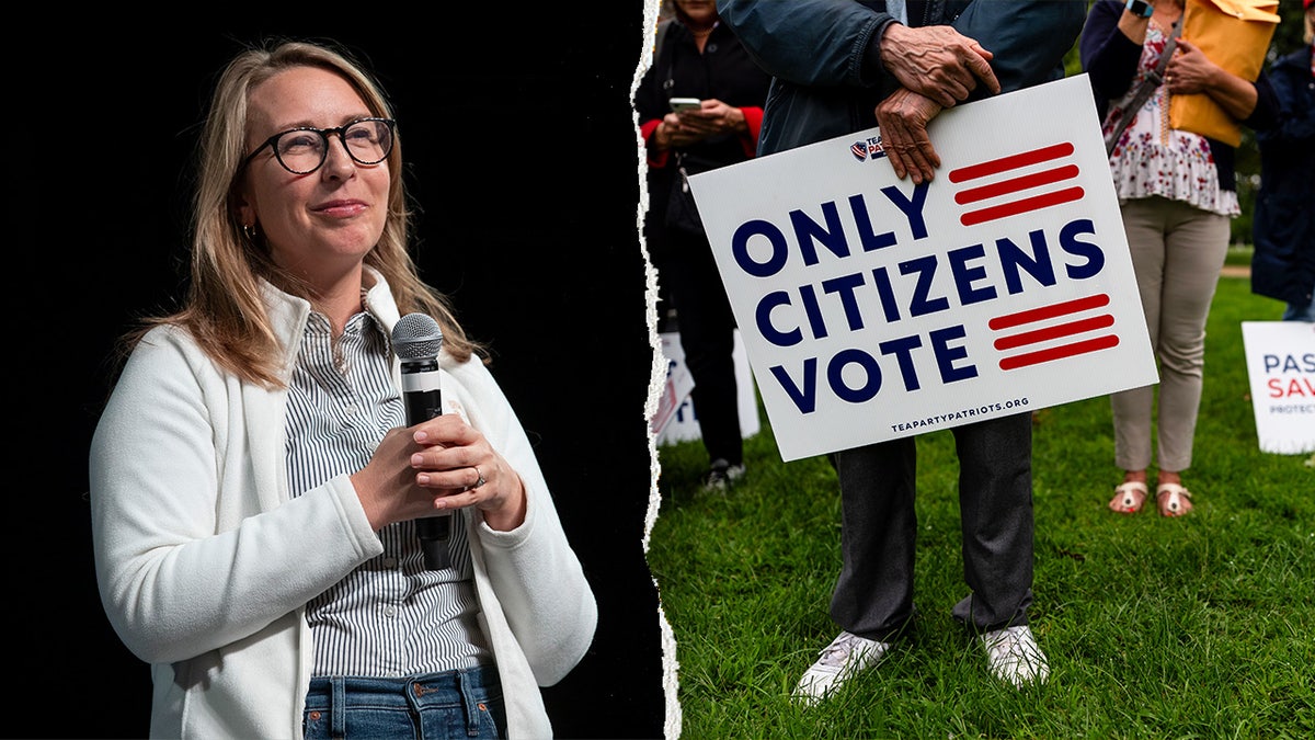 Hillary Scholten, left, pictured alongside an "only citizens vote" sign, right.