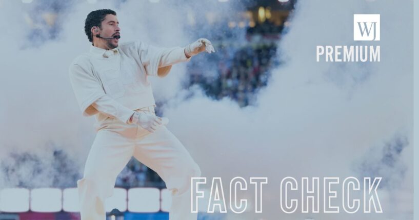 Musician Bad Bunny performs Sunday during Super Bowl halftime show in Santa Clara, California.