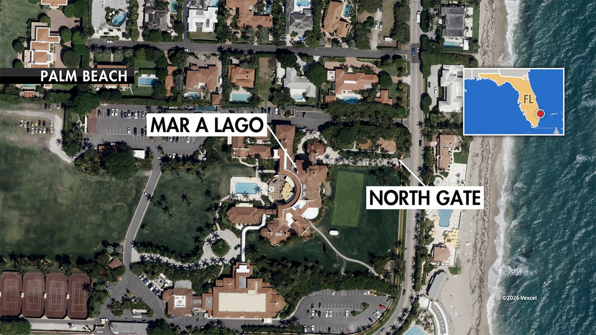 Mar-a-Lago club aerial view showing the main estate buildings, green lawns, and the north gate entrance in Palm Beach.