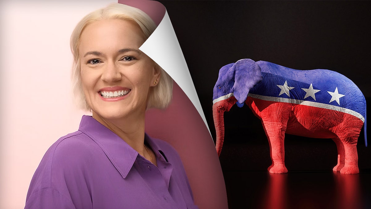 U.S. House candidate in North Carolina Kate Barr next to the GOP logo of an elephant
