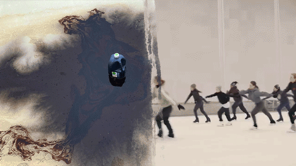 Split image shows dark substance and skaters rehearsing outdoors