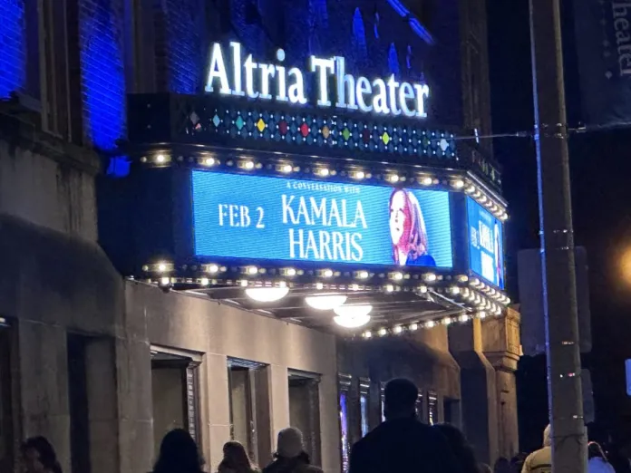 A marquee sign for former Vice President Kamala Harris's book tour outside of the Altria Theater in Richmond, Virginia on Feb. 2, 2026.